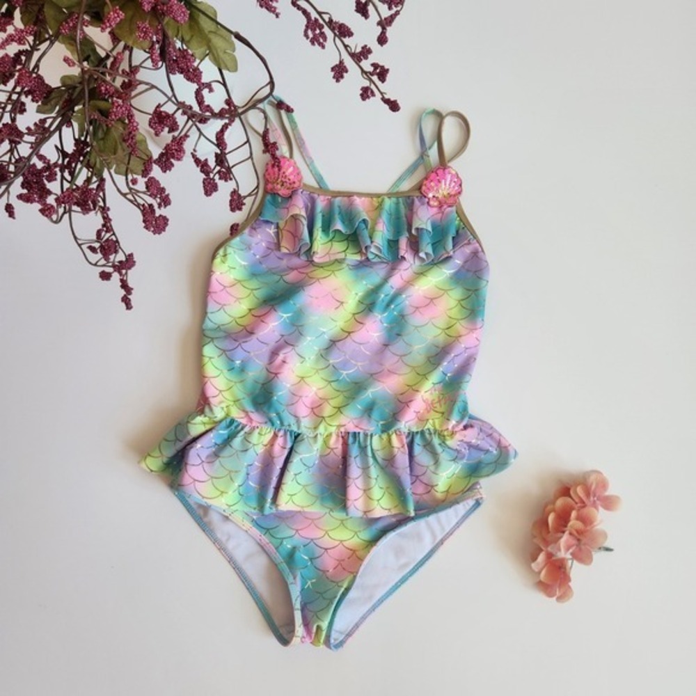 Betsey Johnson Girls XL 14 Mermaid Scale Rainbow Ruffle One Piece Swimsuit Gold